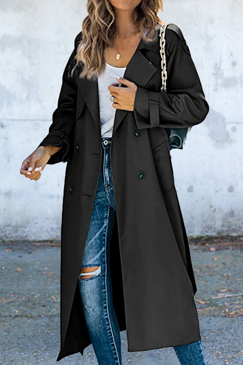 Work Solid Patchwork Turndown Collar Outerwear Black