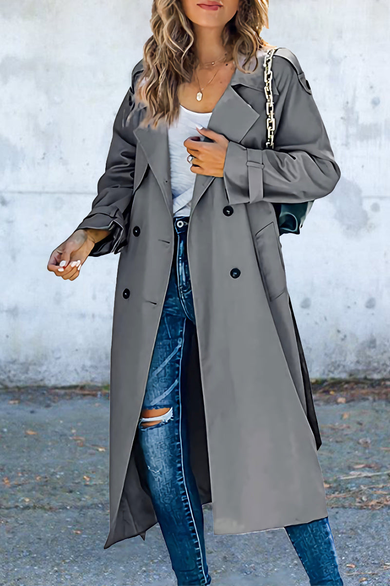 Work Solid Patchwork Turndown Collar Outerwear Grey