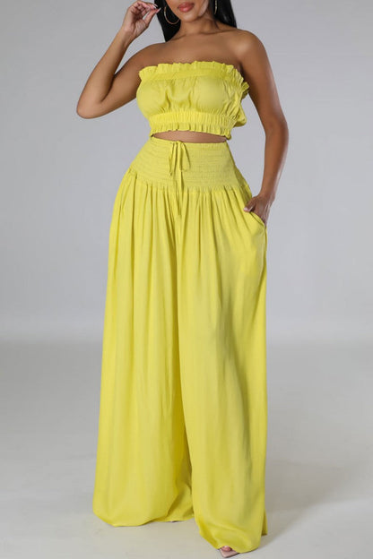 Casual Solid Backless Strapless Sleeveless Two Pieces(3 Colors) Yellow