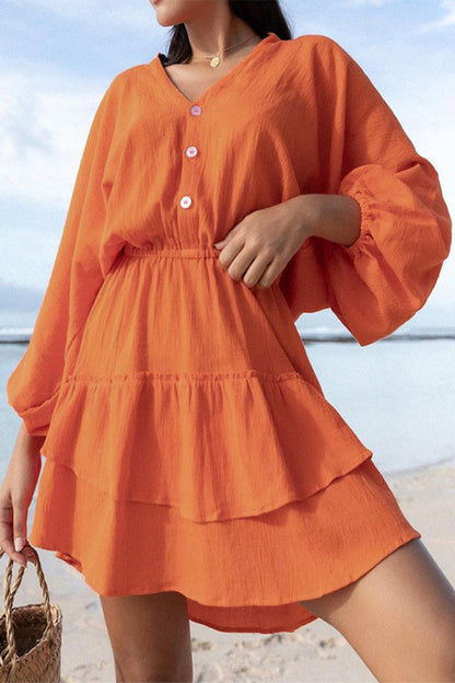 Simplicity Solid Buttons V Neck A Line Dresses Orange