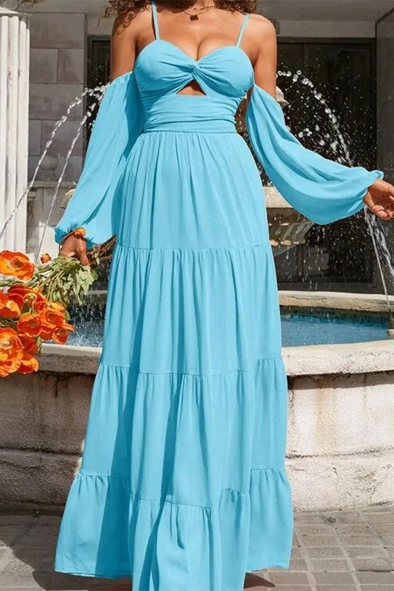 Sexy Solid Fold V Neck Sling Dress Dresses Light Blue