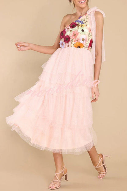 Elegant Patchwork Appliques Oblique Collar Princess Dresses Pink