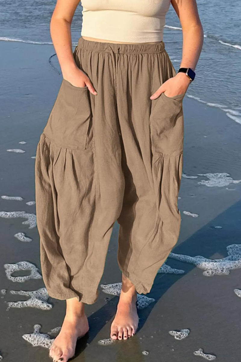 Casual Simplicity Solid Pocket Loose Mid Waist Wide Leg Solid Color Bottoms Khaki