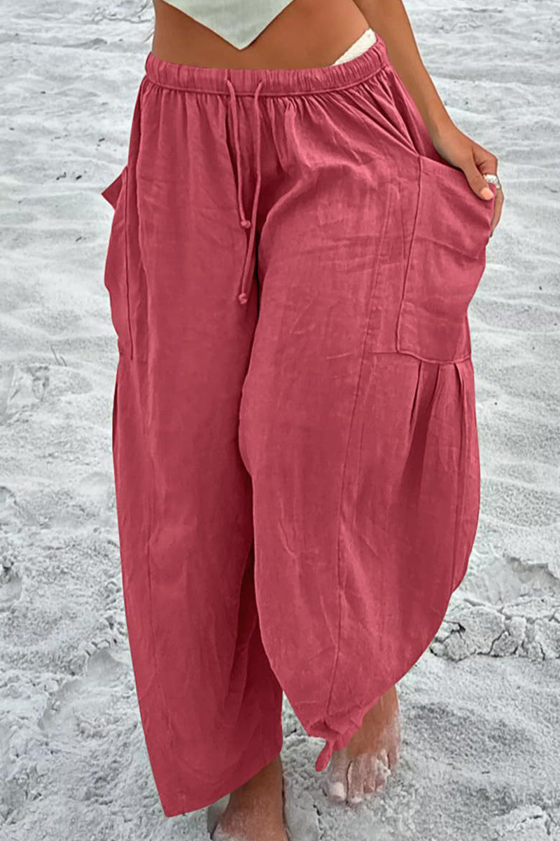 Casual Simplicity Solid Pocket Loose Mid Waist Wide Leg Solid Color Bottoms Pink