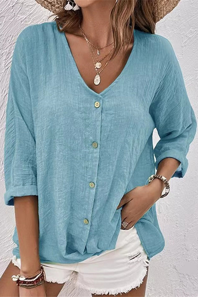 Simplicity Solid Buttons V Neck Tops Blue