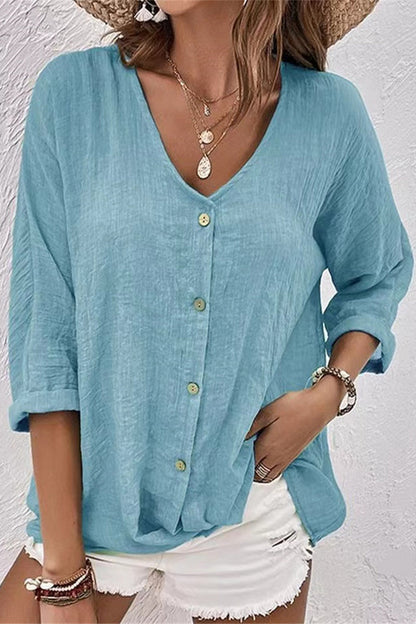 Simplicity Solid Buttons V Neck Tops Blue