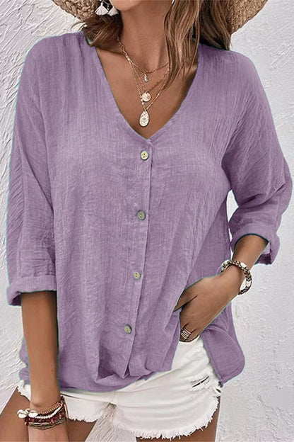 Simplicity Solid Buttons V Neck Tops Purple