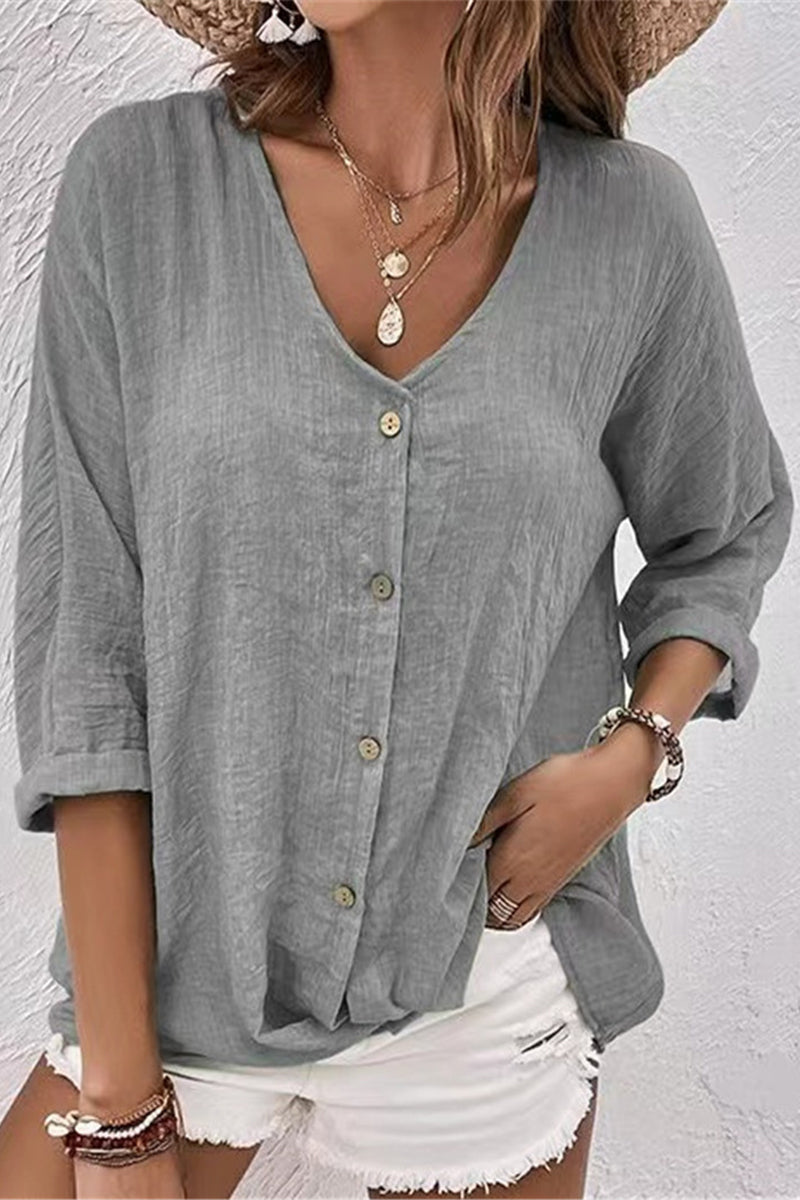 Simplicity Solid Buttons V Neck Tops Grey