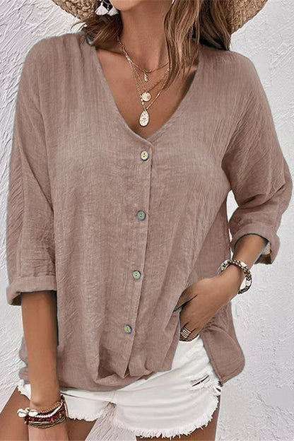 Simplicity Solid Buttons V Neck Tops Pink