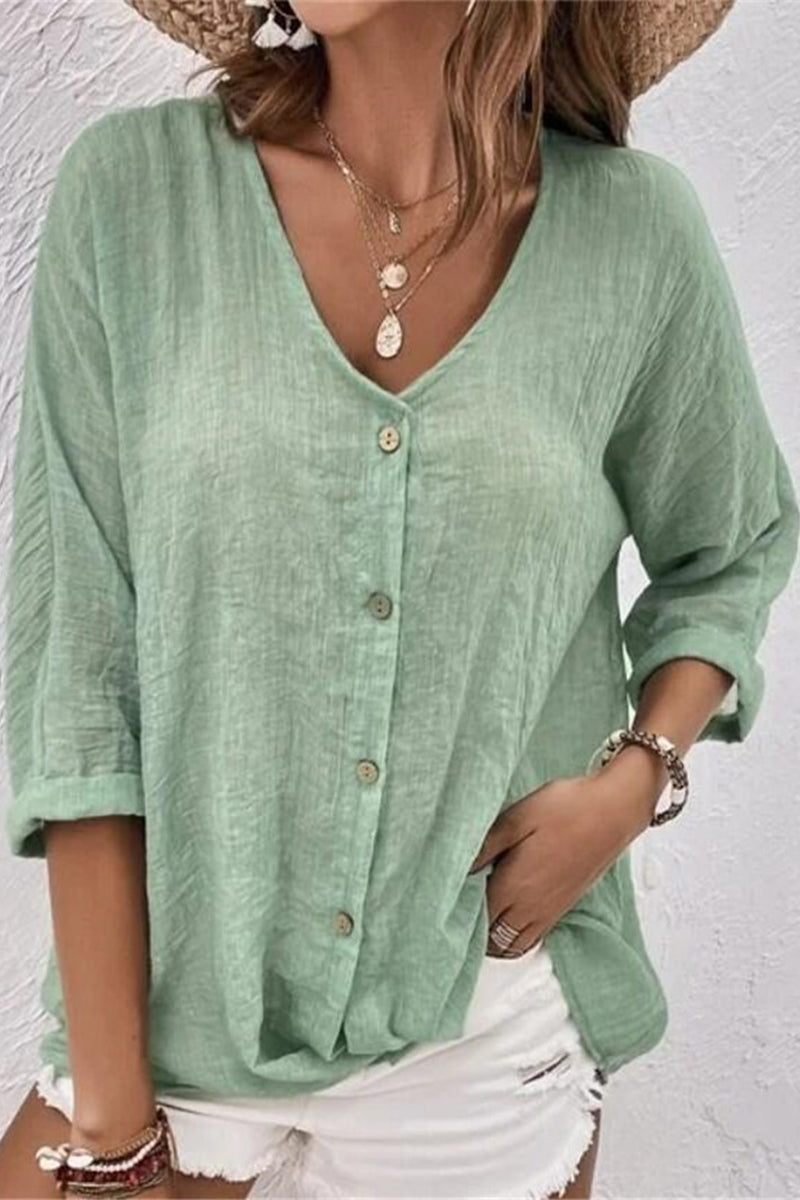 Simplicity Solid Buttons V Neck Tops Green