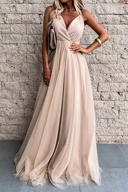 Sexy Formal Solid Mesh V Neck Evening Dress Dresses Champagne