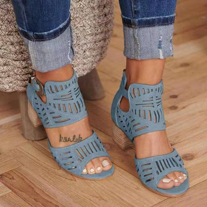 Casual Hollowed Out Patchwork Solid Color Fish Mouth Out Door Wedges Shoes (Heel Height 1.97in) Blue