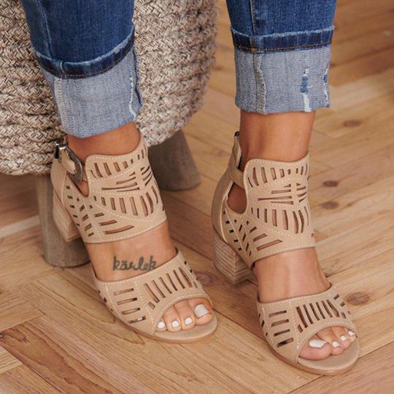 Casual Hollowed Out Patchwork Solid Color Fish Mouth Out Door Wedges Shoes (Heel Height 1.97in) Apricot