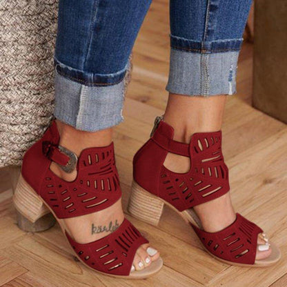 Casual Hollowed Out Patchwork Solid Color Fish Mouth Out Door Wedges Shoes (Heel Height 1.97in) Burgundy