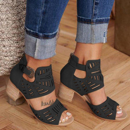 Casual Hollowed Out Patchwork Solid Color Fish Mouth Out Door Wedges Shoes (Heel Height 1.97in) Black