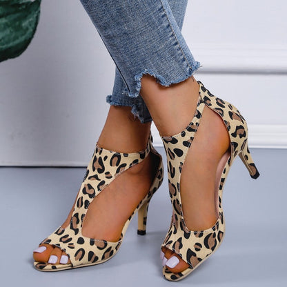 Casual Hollowed Out Patchwork Fish Mouth Out Door Shoes (Heel Height 2.75in) Leopard Print