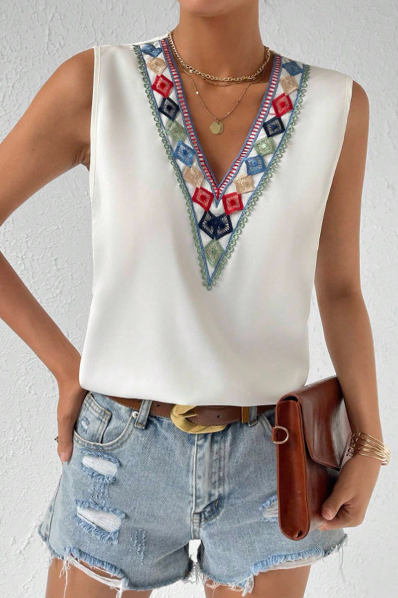 Sexy Bohemian Color Block Contrast V Neck Tops White