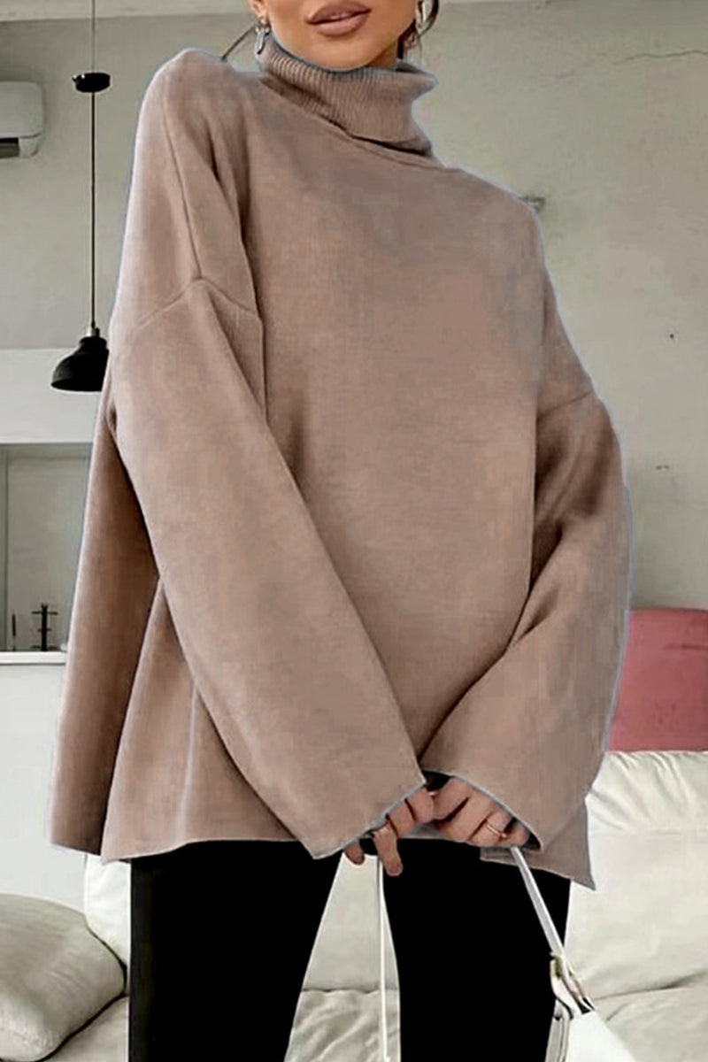 Simplicity Solid Turtleneck Tops Camel One Size