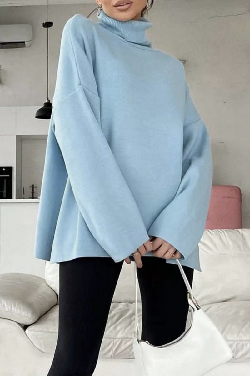 Simplicity Solid Turtleneck Tops Sky Blue One Size