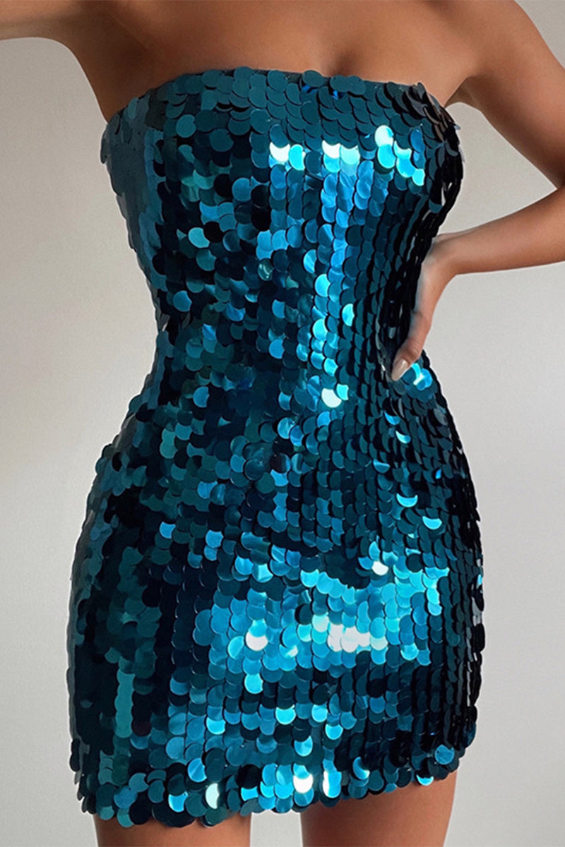 Sexy Party Solid Patchwork Strapless Dresses Peacock Blue