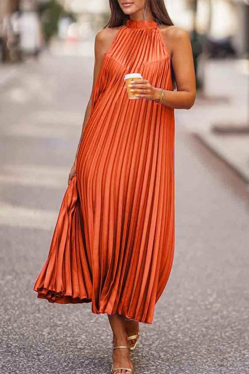 Simplicity Solid Fold Halter Sleeveless Dress Dresses Tangerine Red