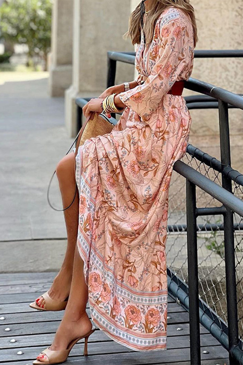 Bohemian Floral With Belt V Neck A Line Dresses