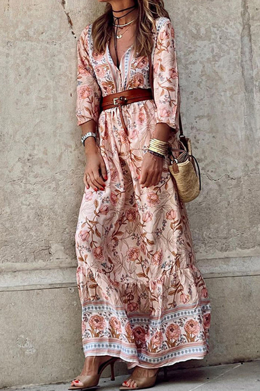 Bohemian Floral With Belt V Neck A Line Dresses Pink