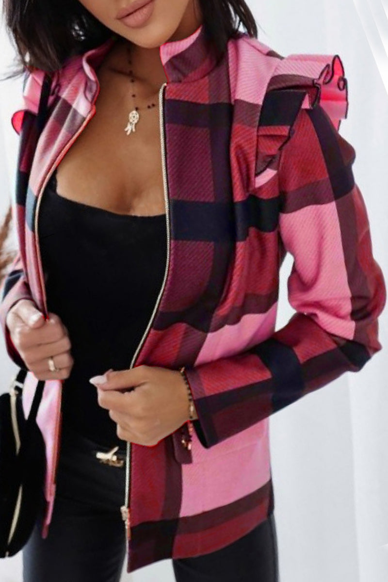 Casual Plaid Contrast Half A Turtleneck Outerwear Red