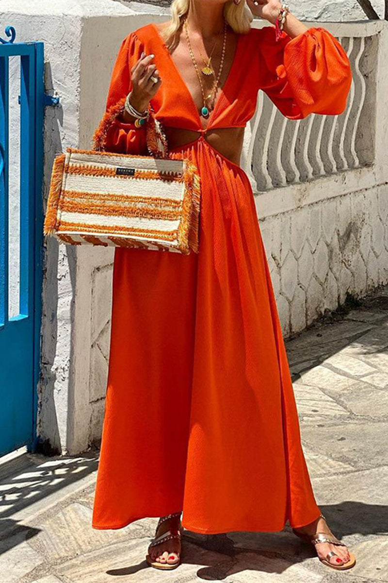 Sexy Solid Backless V Neck Long Sleeve Dresses Orange Red