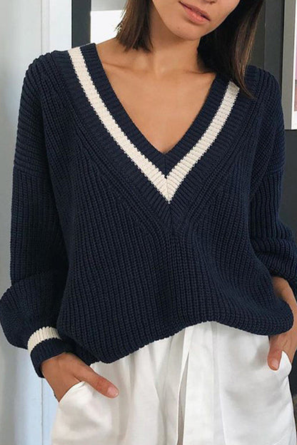 Casual Simplicity Solid Patchwork V Neck Tops Deep Blue