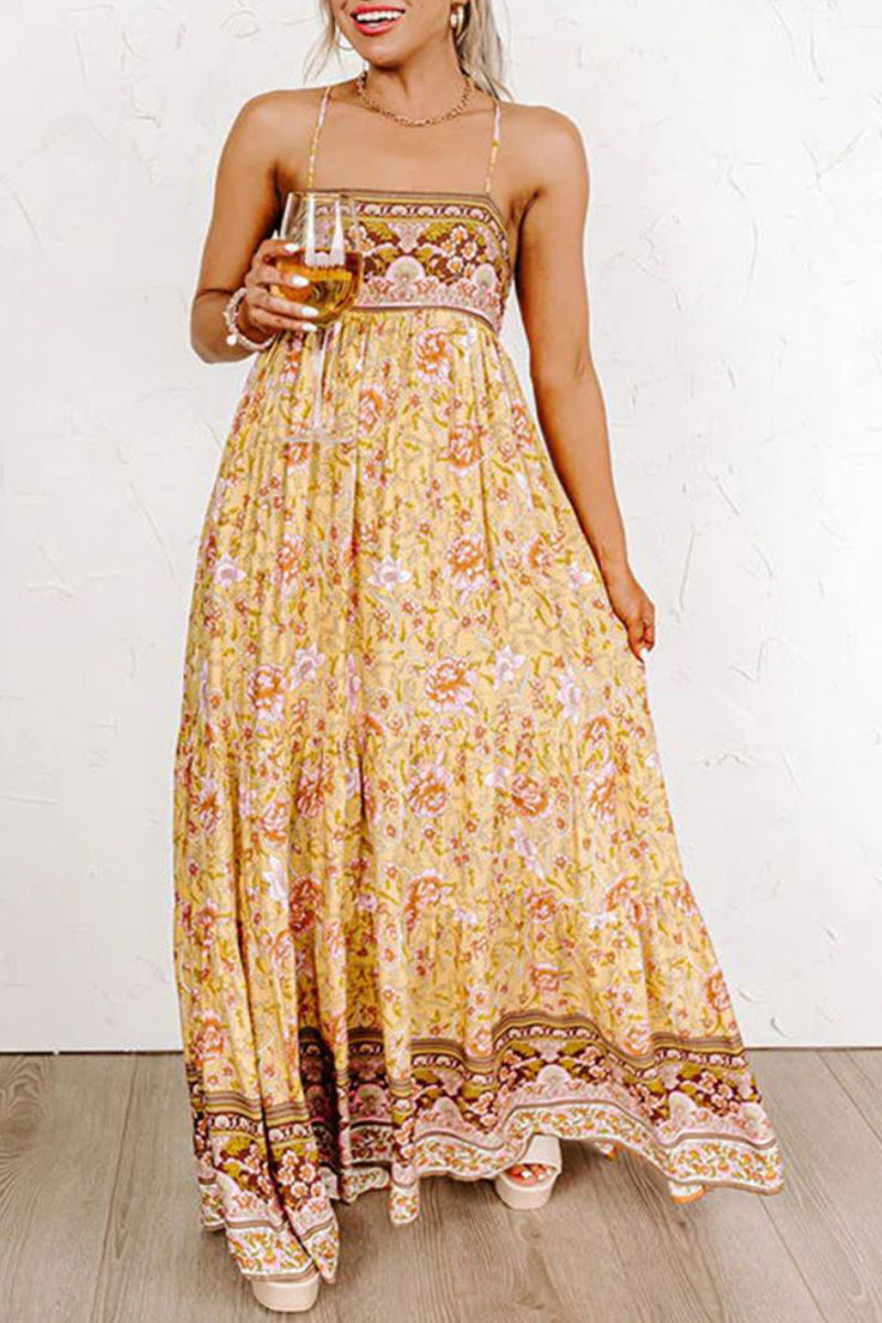 Sweet Elegant Floral Bandage Sleeveless Dress Dresses Yellow