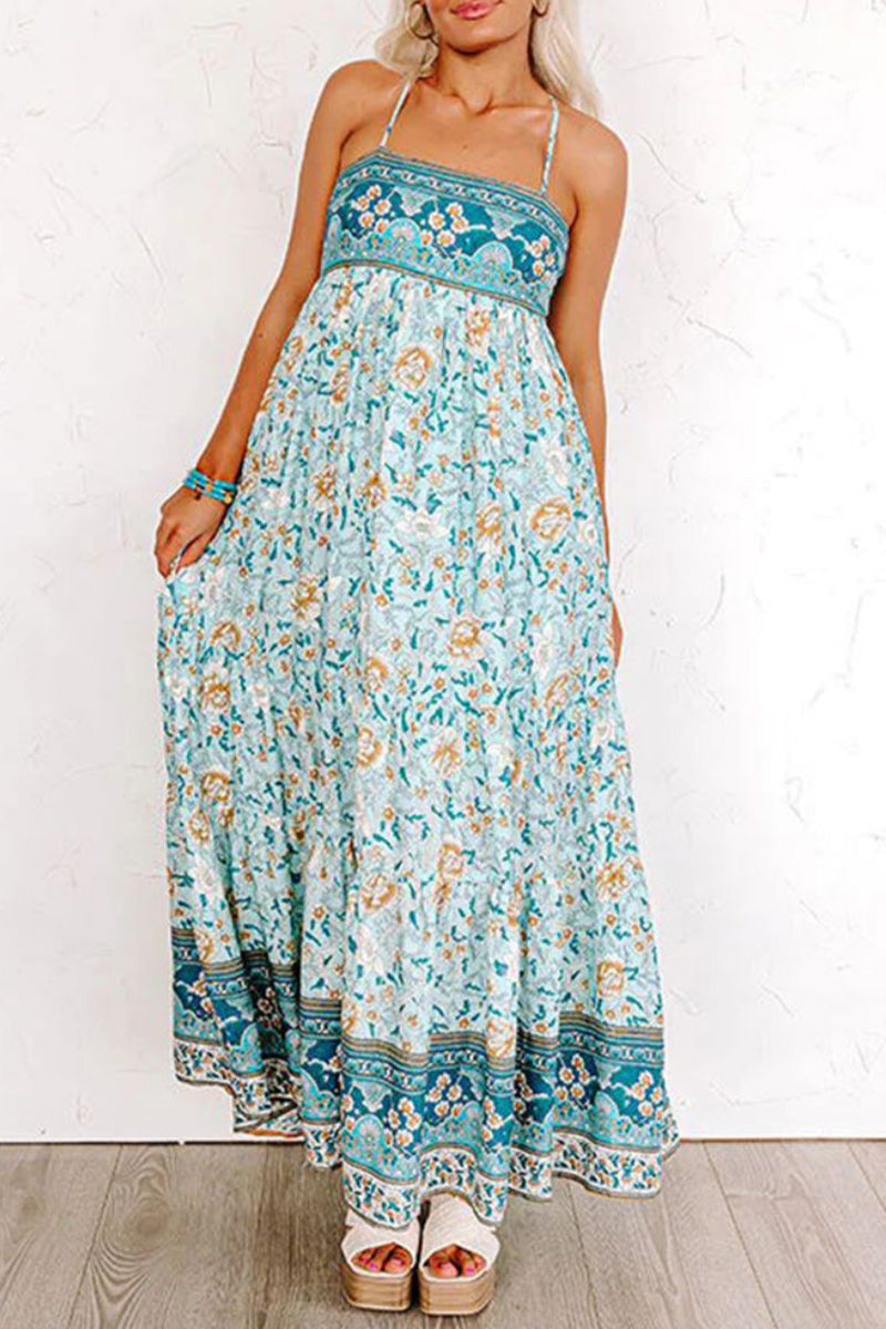 Sweet Elegant Floral Bandage Sleeveless Dress Dresses Blue