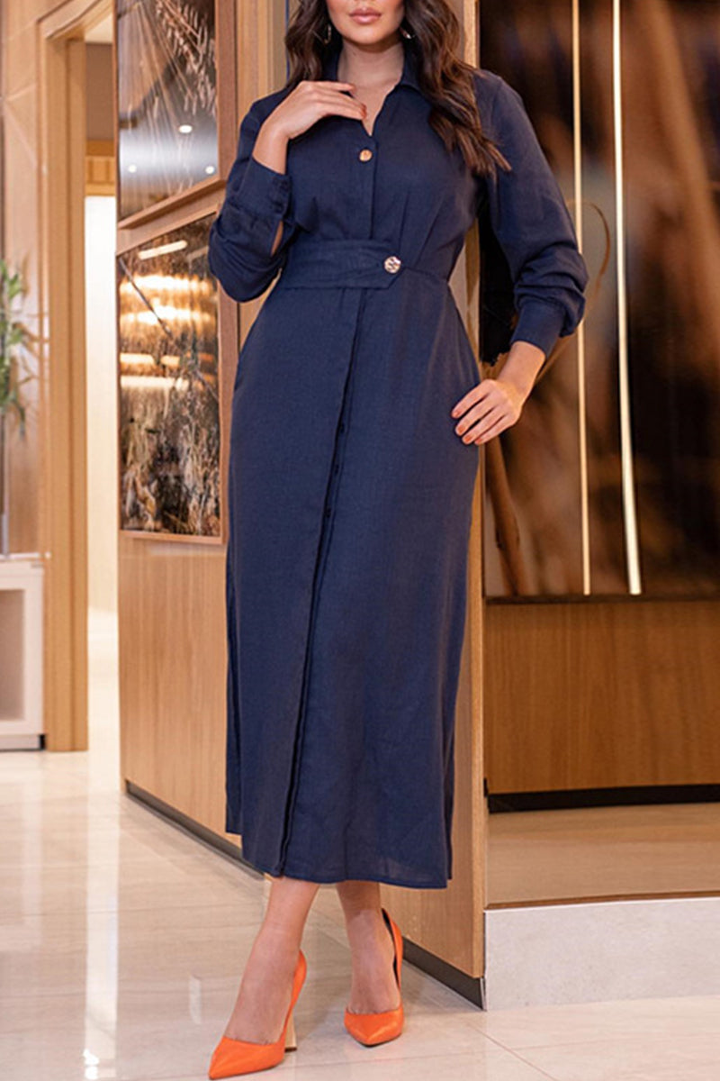 Elegant Solid Buttons Turndown Collar A Line Dresses Deep Blue