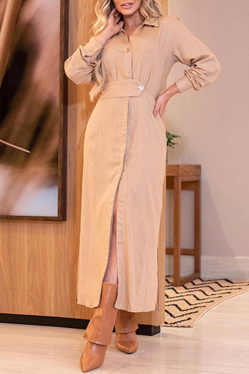 Elegant Solid Buttons Turndown Collar A Line Dresses Apricot