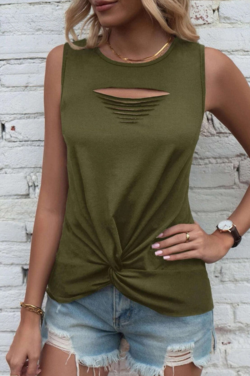 Simplicity Solid Ripped O Neck Tops(6 Colors)