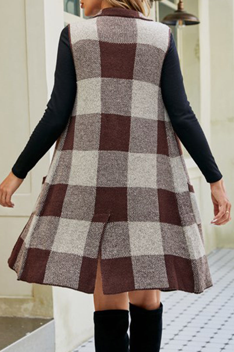 Elegant Plaid Patchwork Pocket Turn-back Collar Tops