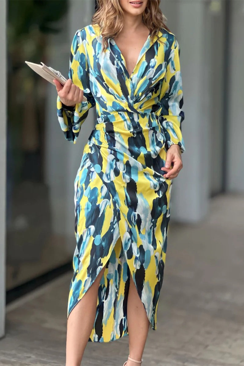 Elegant Geometric Printing Turndown Collar Shirt Dress Dresses Ink Green