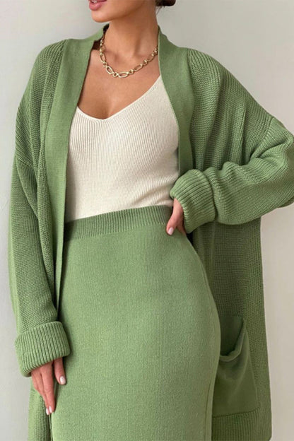 Casual Simplicity Solid Cardigan Collar Long Sleeve Two Pieces Green One Size