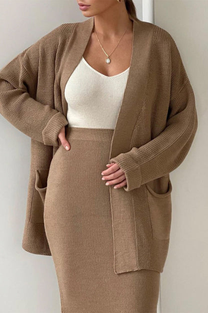 Casual Simplicity Solid Cardigan Collar Long Sleeve Two Pieces Khaki One Size