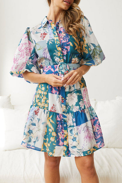 Bohemian Floral With Belt Turndown Collar A Line Dresses Lake Blue