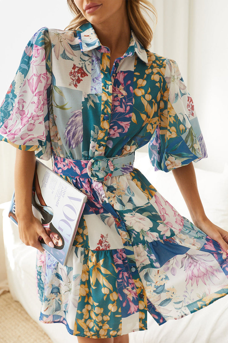 Bohemian Floral With Belt Turndown Collar A Line Dresses