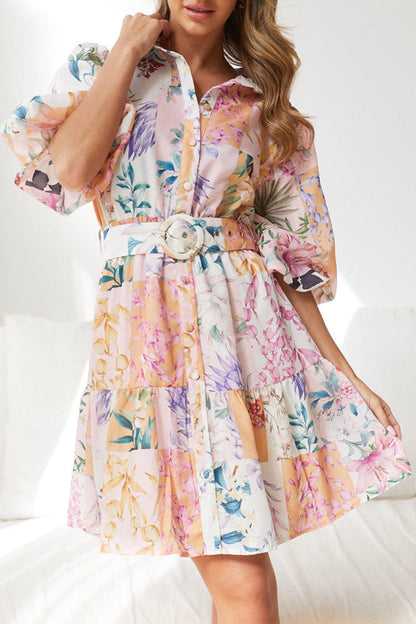 Bohemian Floral With Belt Turndown Collar A Line Dresses Pink