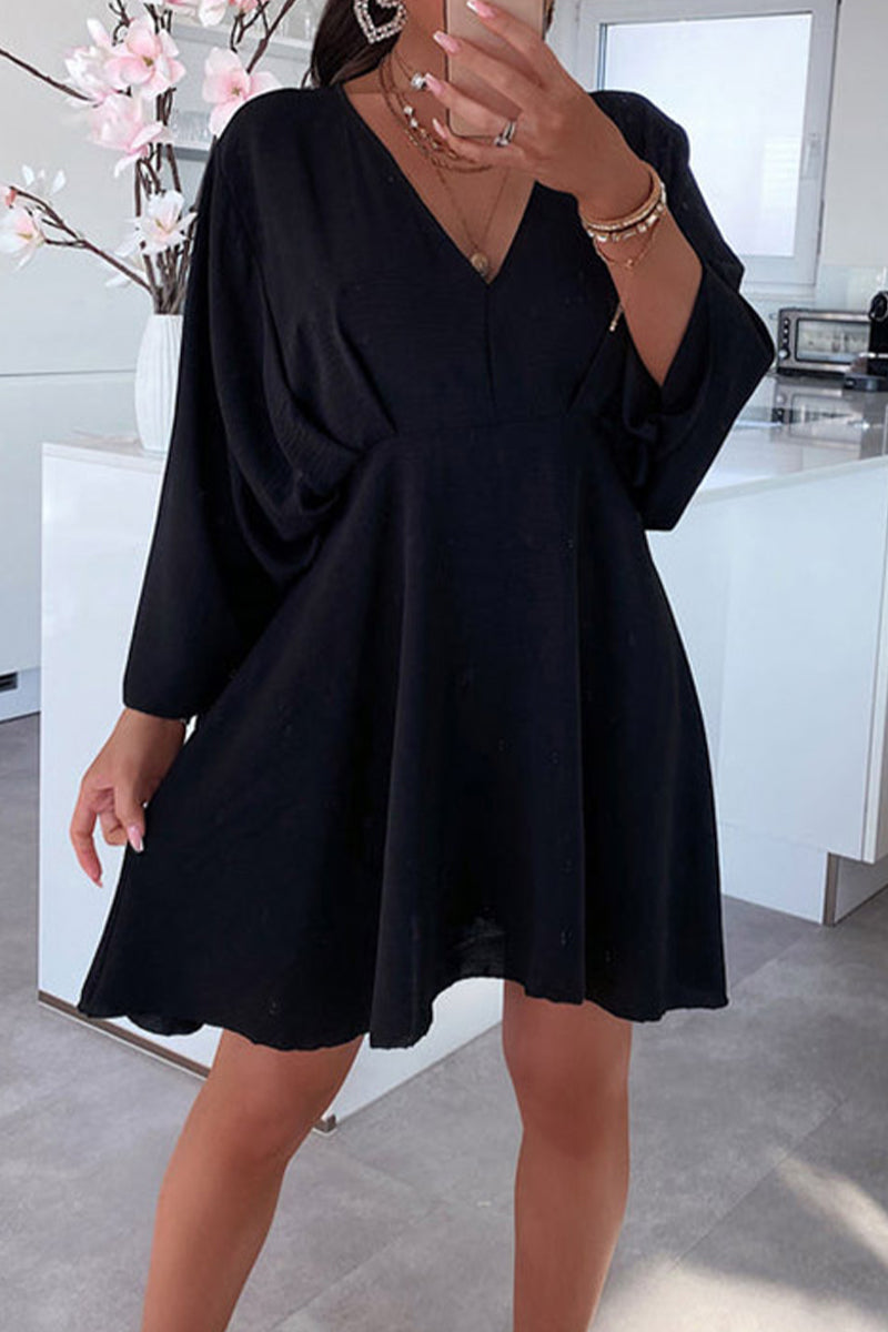 Casual Simplicity Solid Asymmetrical V Neck Irregular Dress Dresses(5 Colors) Black