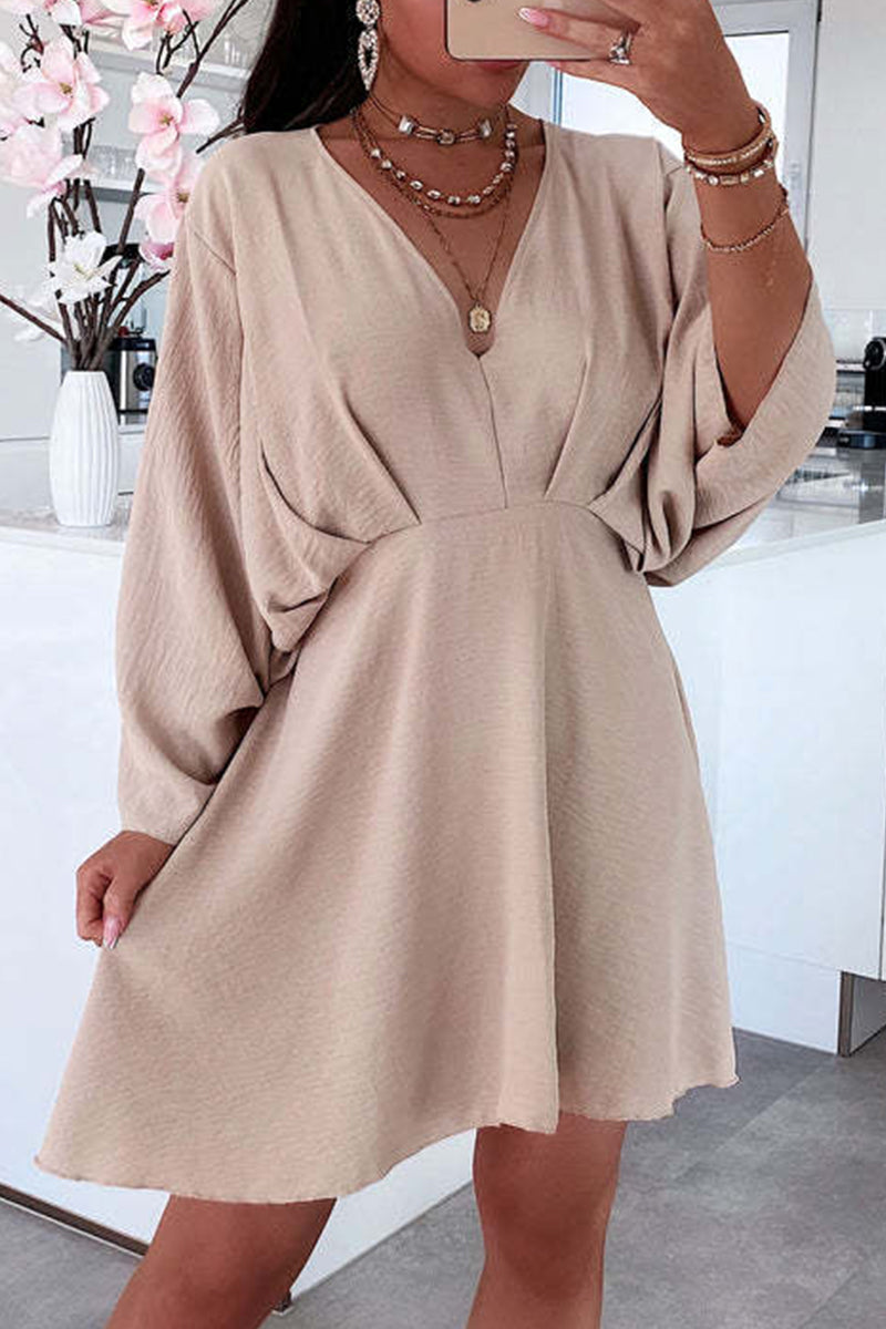 Casual Simplicity Solid Asymmetrical V Neck Irregular Dress Dresses(5 Colors) Khaki