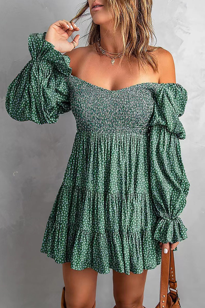 Sexy Floral Patchwork Off the Shoulder Printed Dress Dresses Green