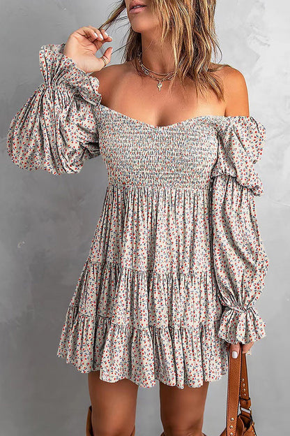 Sexy Floral Patchwork Off the Shoulder Printed Dress Dresses Apricot