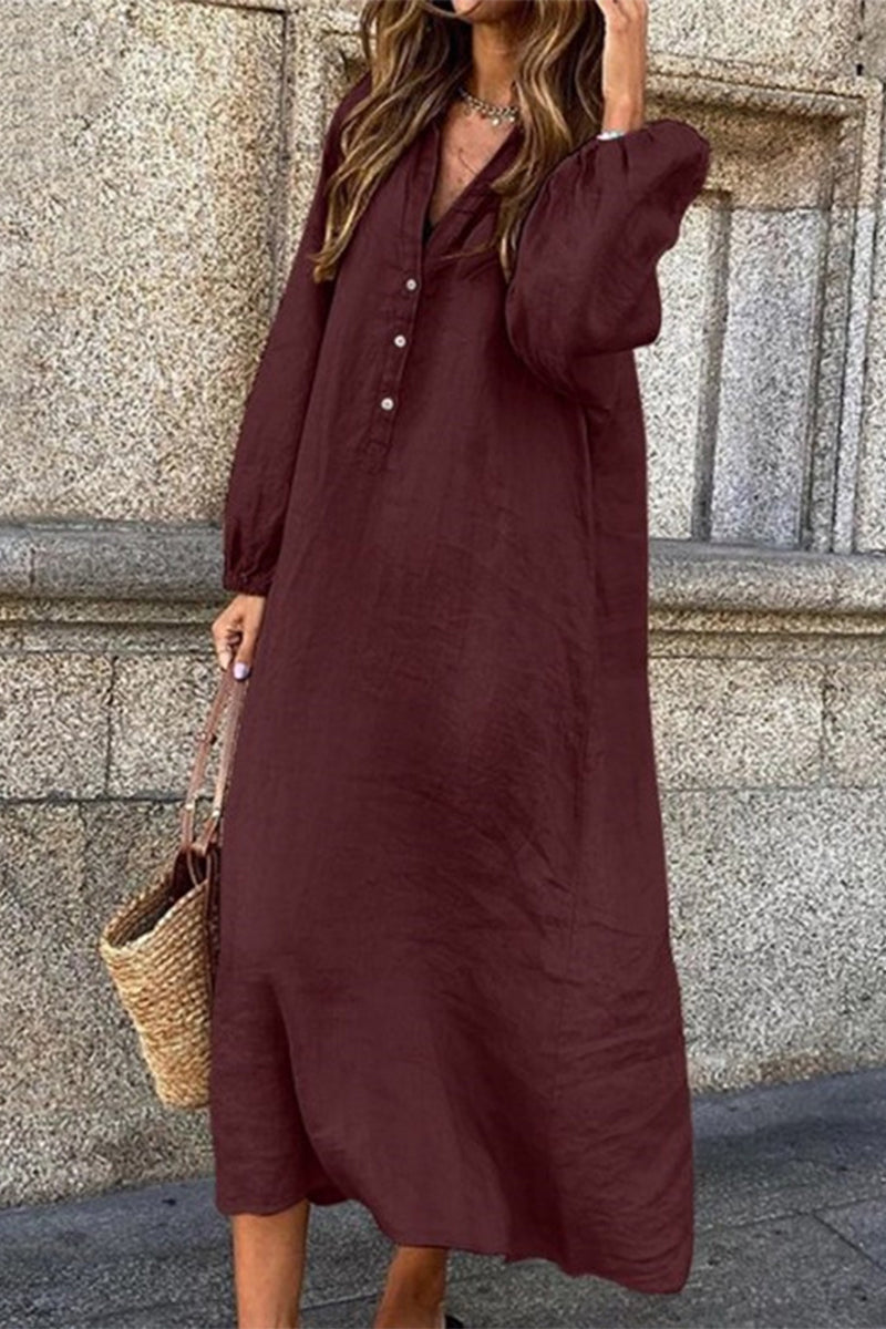 Casual Solid Buttons V Neck Long Sleeve Dresses Burgundy