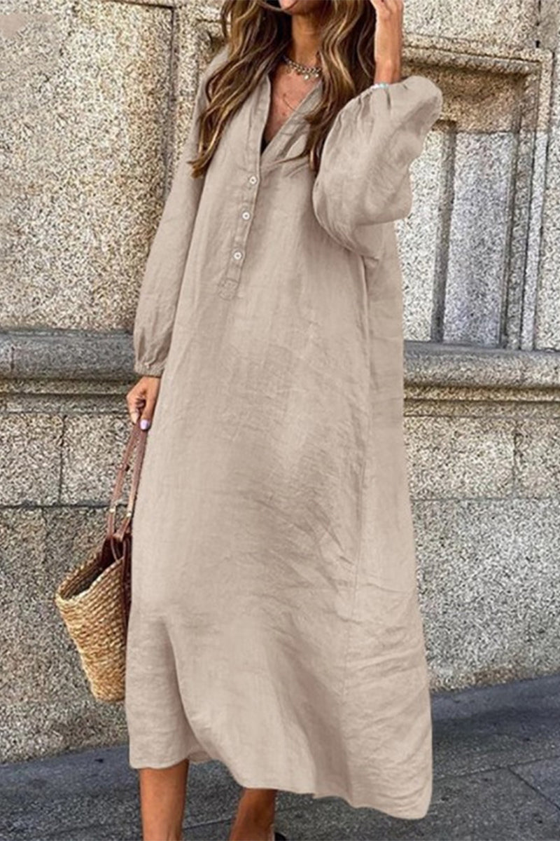 Casual Solid Buttons V Neck Long Sleeve Dresses Khaki