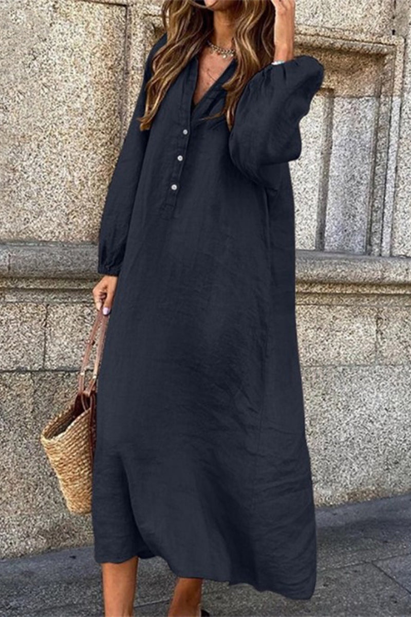 Casual Solid Buttons V Neck Long Sleeve Dresses Tibetan Blue