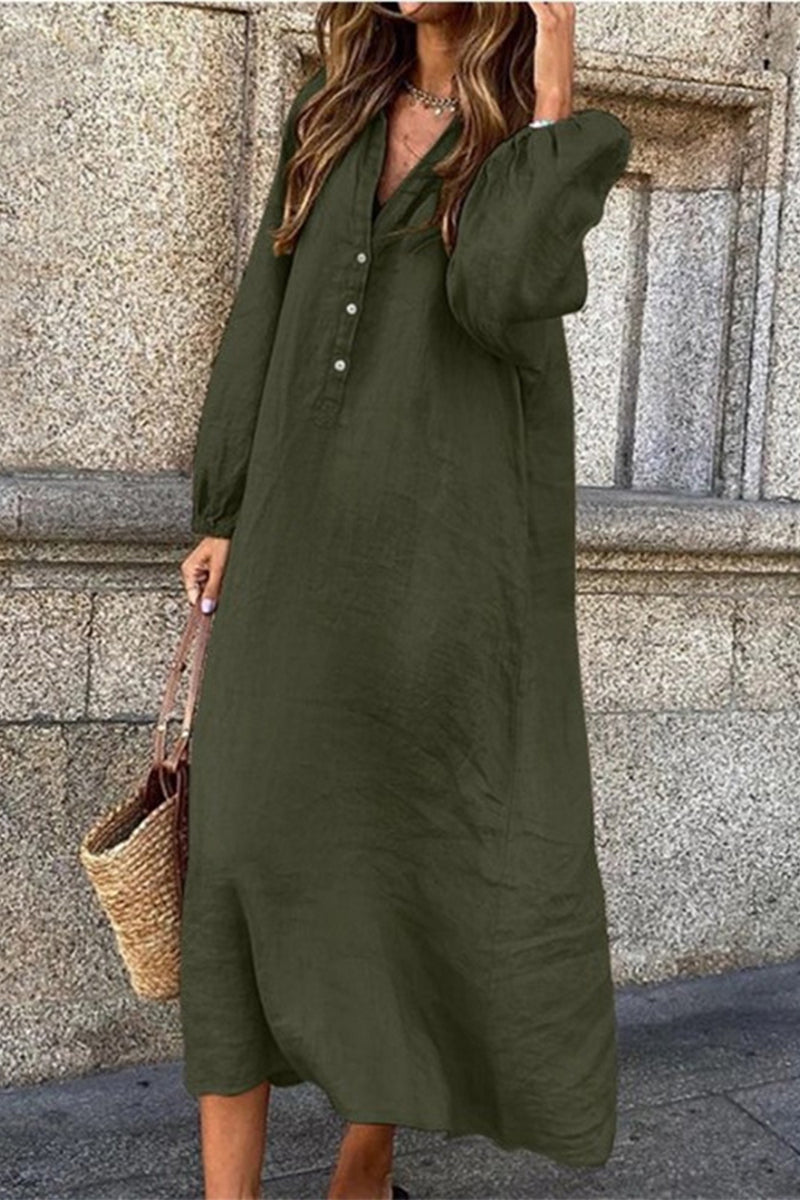 Casual Solid Buttons V Neck Long Sleeve Dresses Army Green